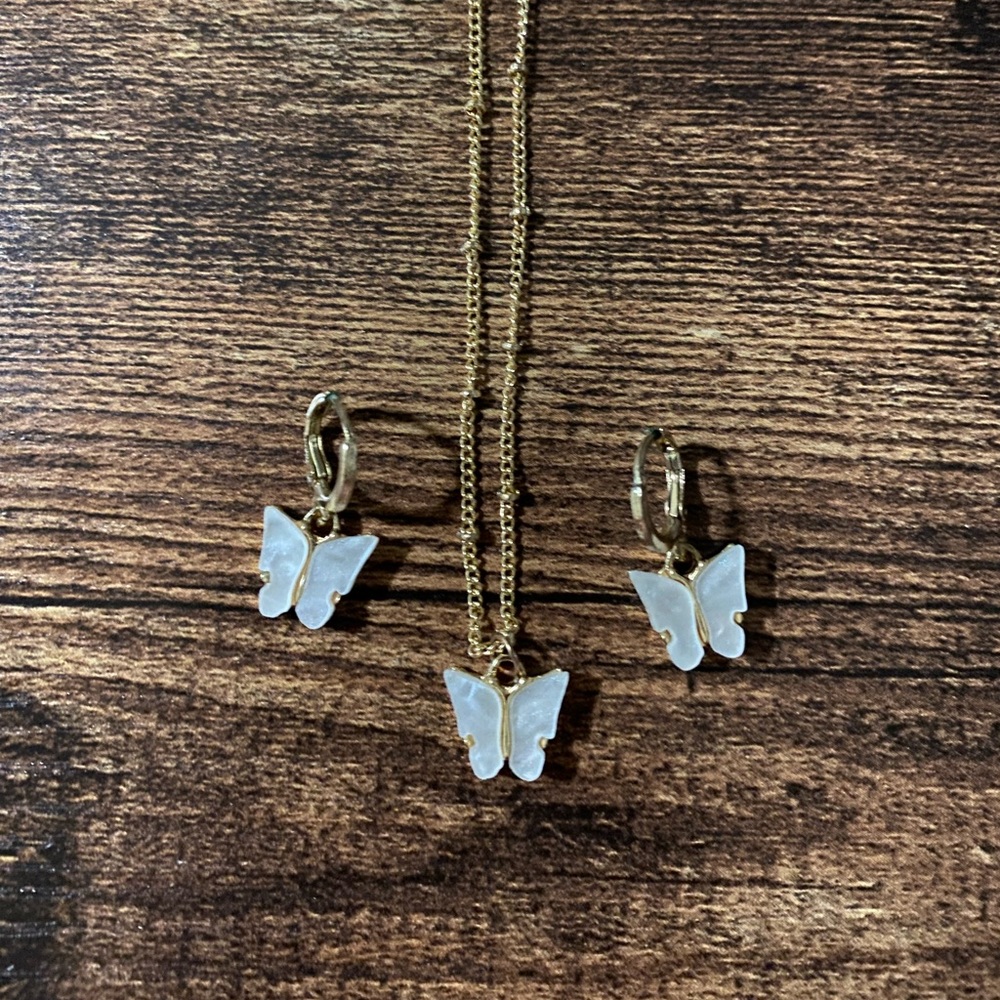 White butterfly earrings and necklace set